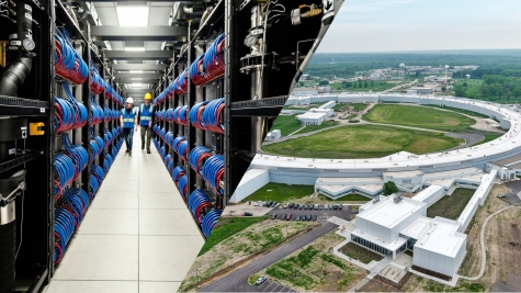 Image of Aurora in the lab and an aerial view of the Argonne National Lab.