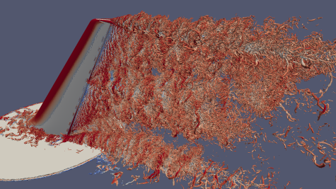 Simulation showing airflow patterns around an airplane’s vertical tail.