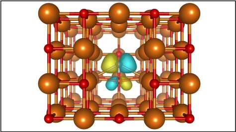 Magnesium atoms (orange) and oxygen atoms (red) surround the nitrogen-vacancy center in magnesium oxide, shown by a transparent representation of a nitrogen atom under the missing magnesium atom. The yellow and blue spots show how electrons localize around the vacancy.