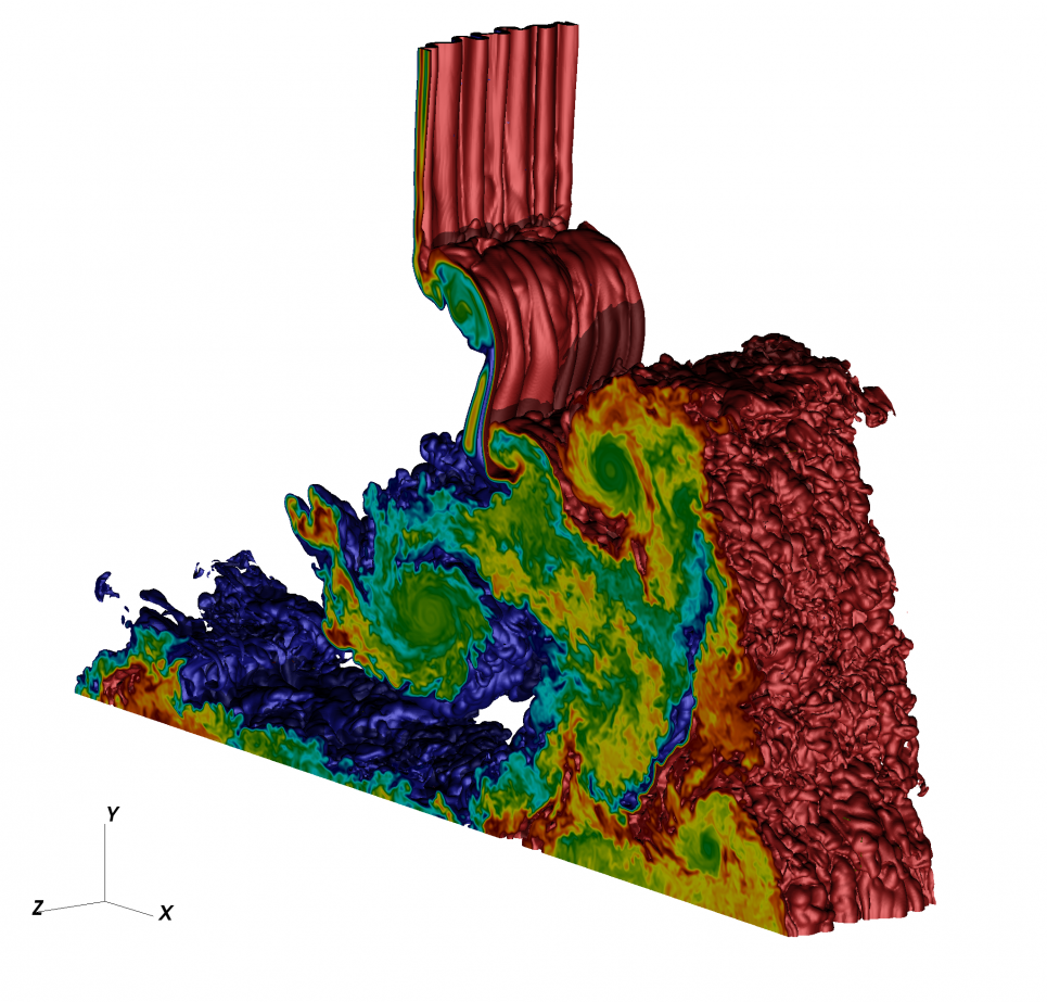 Credit: Sanjiva Lele, Stanford University Simulation of shock interaction with a variable density inclined interface.