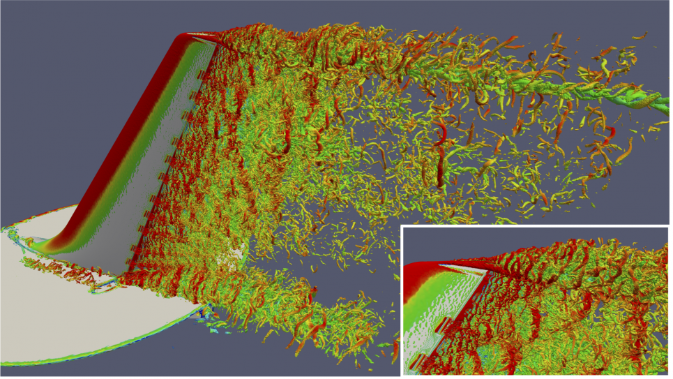 Isosurface of instantaneous Q criterion colored by speed over a vertical tail Isosurface of instantaneous Q criterion colored by speed over a vertical tail
