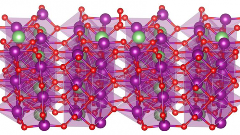 A model of the aMnO2 (001) surface (side view) with lithium intercalated in the structure and an oxygen molecule adsorbed on top. Purple = Mn, red = O, green = Li. A model of the aMnO2 (001) surface (side view) with lithium intercalated in the structure and an oxygen molecule adsorbed on top. Purple = Mn, red = O, green = Li.
