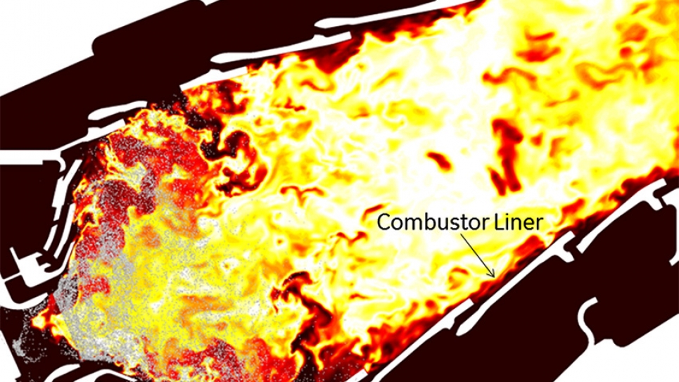 Large Eddy Simulations of a GE CFM combustor, temperature distribution and liquid fuel droplets. Large Eddy Simulations of a GE CFM combustor, temperature distribution and liquid fuel droplets.