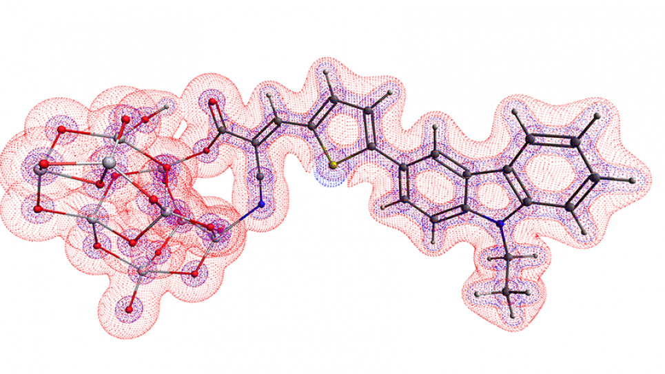 Isosurface of the Lapacian of the electron density of MK44, an organic dye, attached to the surface of a nanocluster of titania. Isosurface of the Lapacian of the electron density of MK44, an organic dye, attached to the surface of a nanocluster of titania.