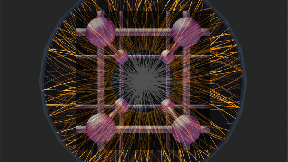 Display of the emission spectrum of a single heavy ion collision recorded with the ALICE detector at the LHC at a collision energy of 2.76 TeV per nucleon Display of the emission spectrum of a single heavy ion collision recorded with the ALICE detector at the LHC at a collision energy of 2.76 TeV per nucleon