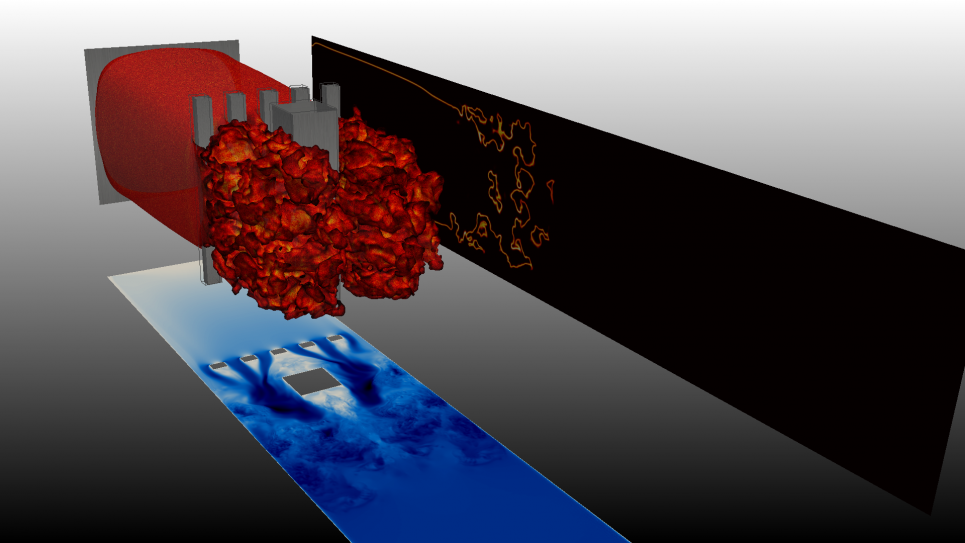 Isosurface of temperature showing the flame wrinkling and acceleration after its interaction with obstacles during the simulation on an explosion Isosurface of temperature showing the flame wrinkling and acceleration after its interaction with obstacles during the simulation on an explosion