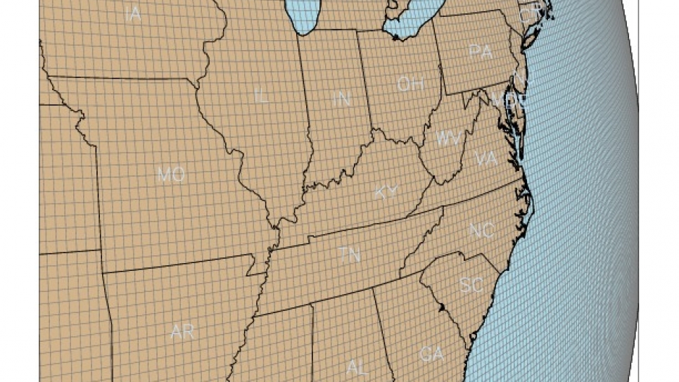 A portion of the 1/4 degree grid global grid is shown over the southeast part of the United States. A portion of the 1/4 degree grid global grid is shown over the southeast part of the United States.